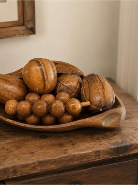 Rare Midcentury Vintage Monkey Wood Fruit and Bowl Set
